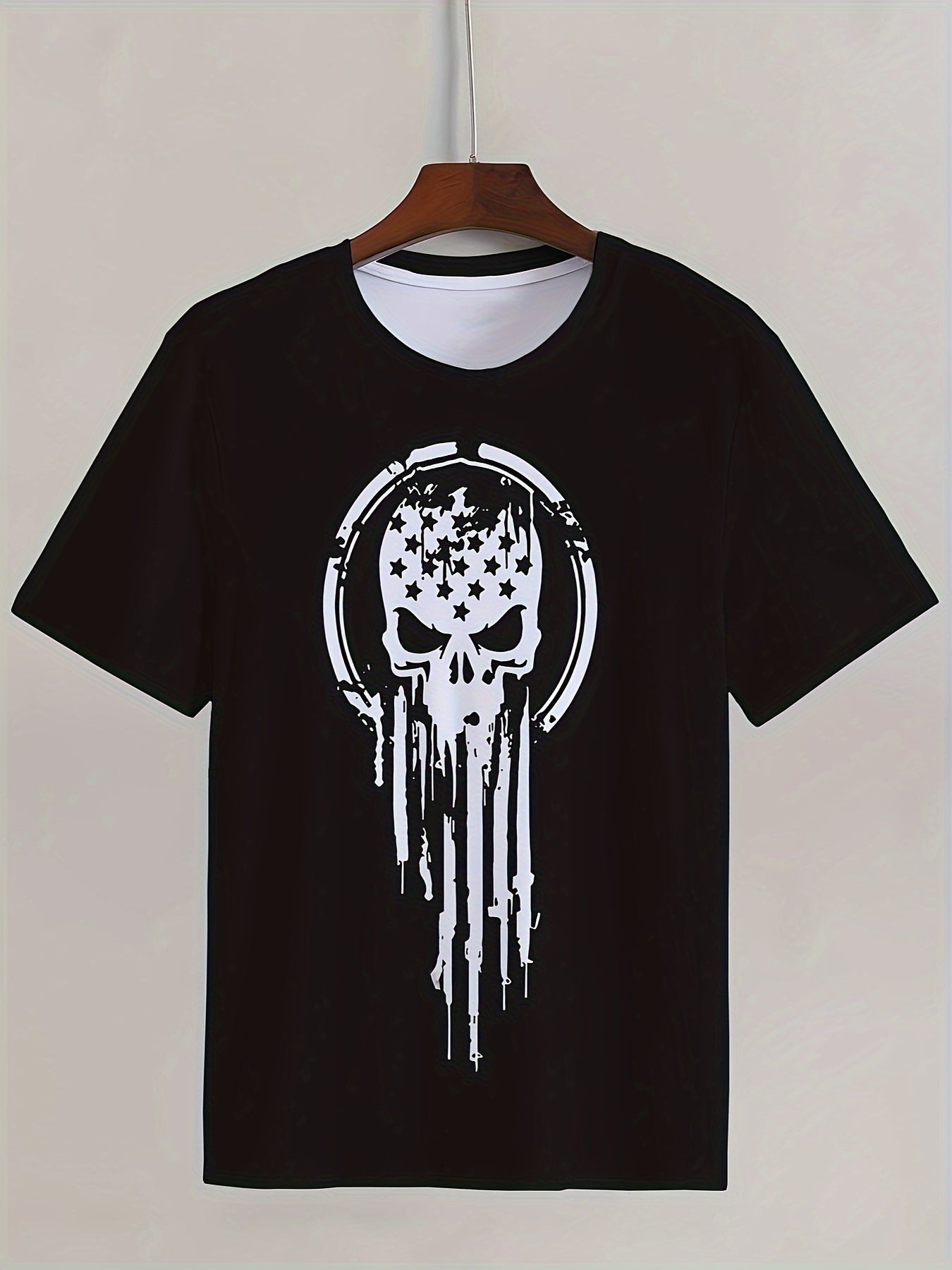 Men's Casual And Fashionable Geometric Skull Pattern T-shirt - Breathable Polyester Fiber, Round Neck, Regular Style