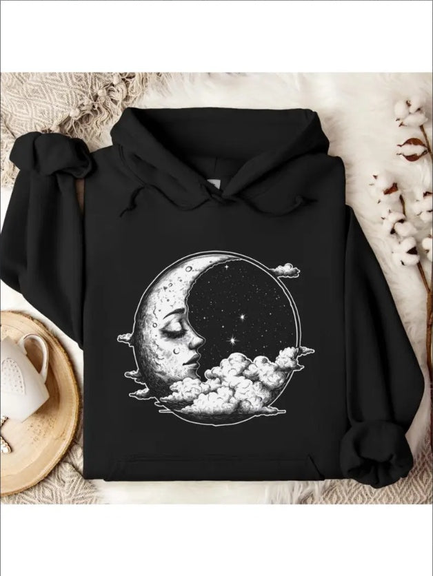 Celestial Moon Hoodie, Mystical Starry Night Sweatshirt, Gothic Lunar Art Pullover, Dark Academia Moon Hoodie, Witchy Aesthetic Clothing Halloween Hoodie Gift