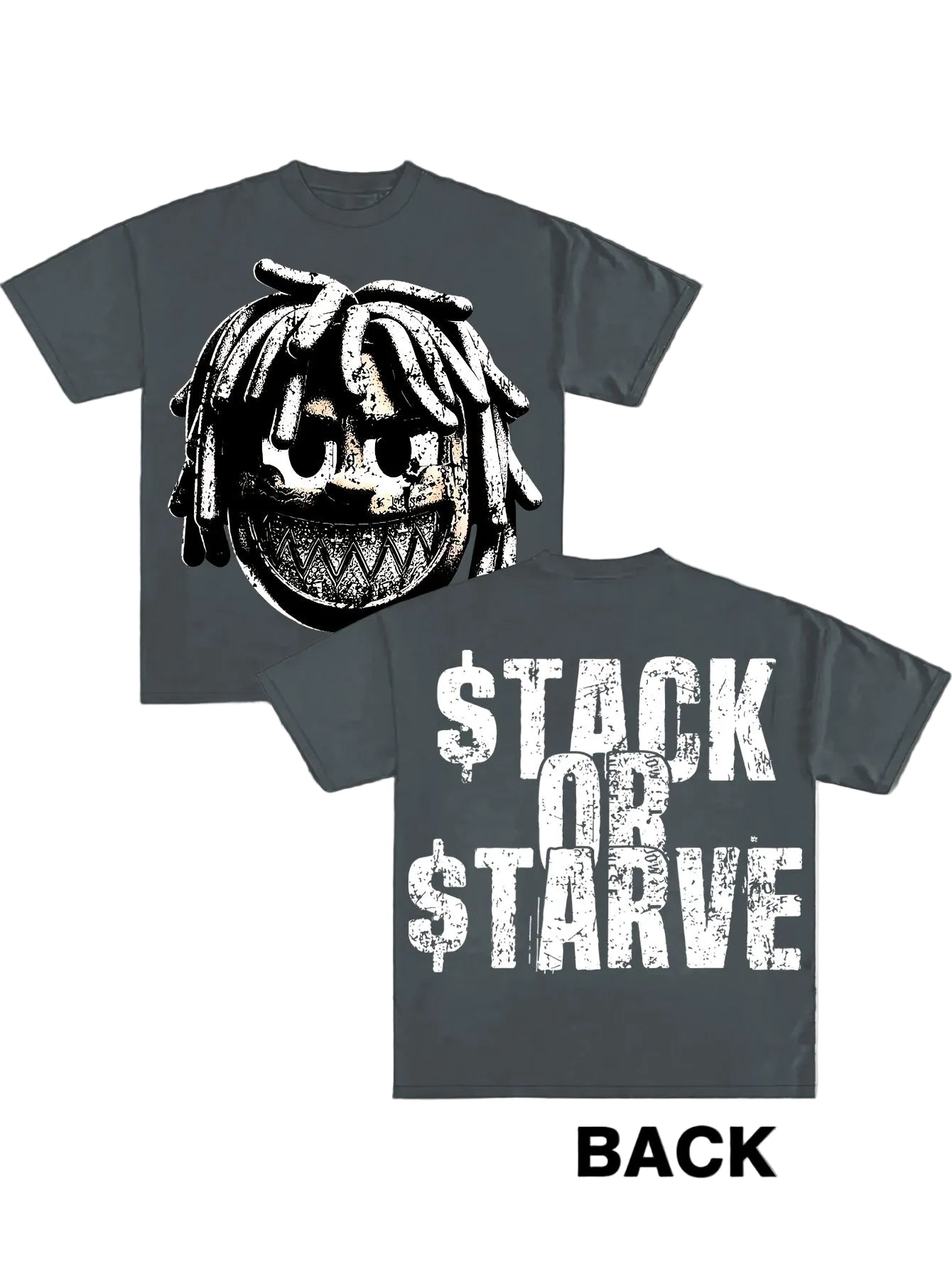 T-shirt with a graphic design on the front and text on the back, displayed against a dark background.