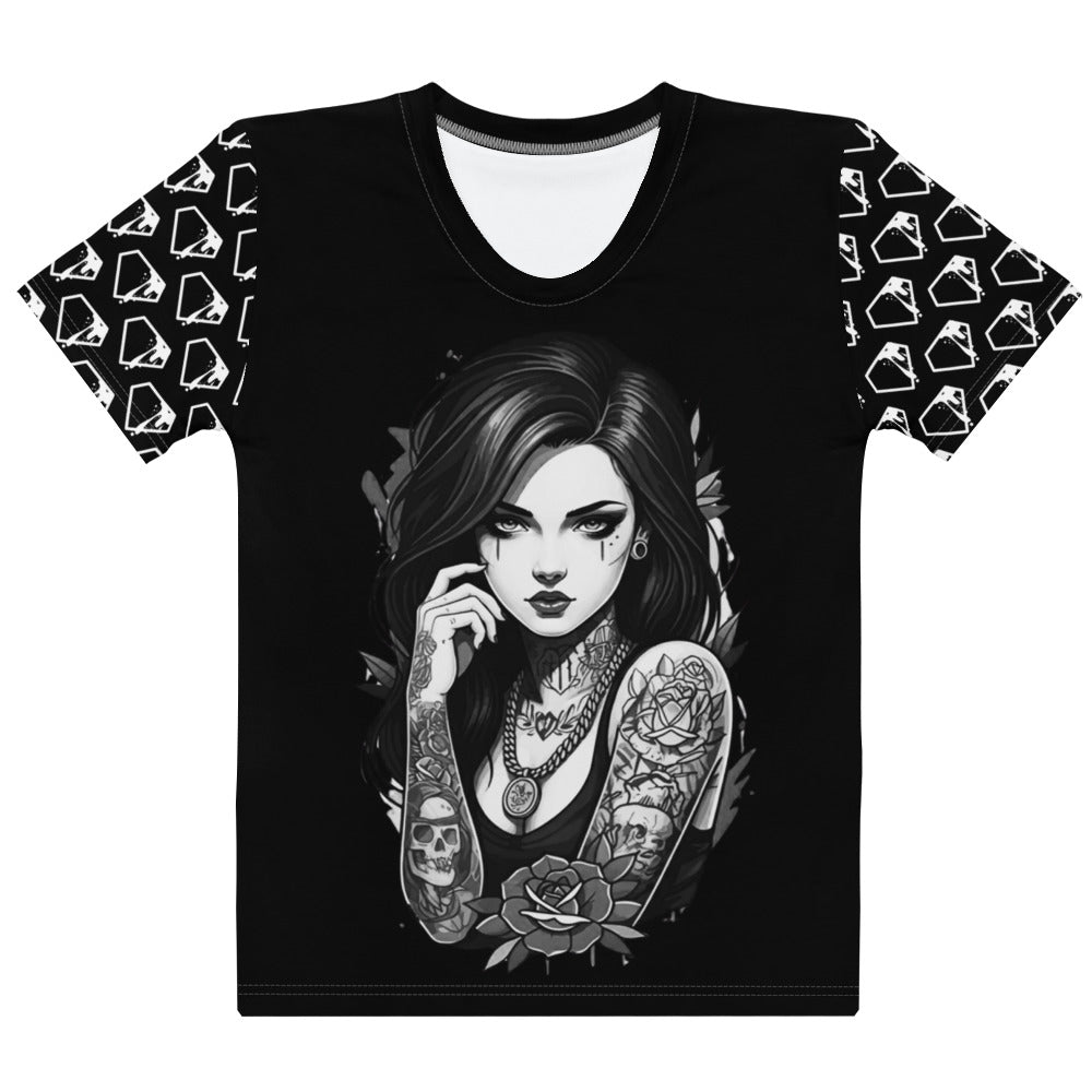 Fiend Club pin up girl t-shirt featuring a tattooed woman against a black background