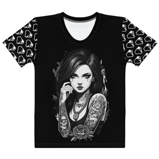 Fiend Club pin up girl t-shirt featuring a tattooed woman against a black background