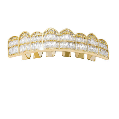 DatNewDrip iced out baguette grillz gold teeth cover with double baguette rows and scalloped top