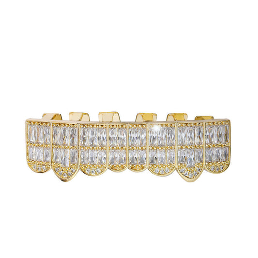 DatNewDrip gold upper teeth grillz encrusted with baguette cut stones and pave accents iced out baguette grillz