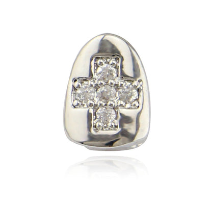 Silver tooth grill cap with diamond cross center for urban style diamond cross hip hop tooth grill