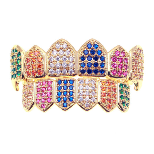 Gold plated multicolored gem grillz with pave blue green pink and clear crystals for teeth