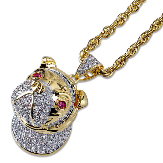DatNewDrip gold rope chain with iced out bulldog pendant featuring pave crystals and red gemstone eyes