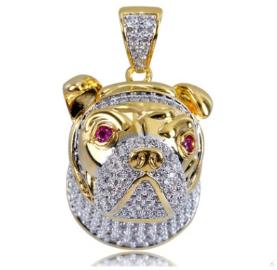 DatNewDrip iced out bulldog pendant gold tone with pave cubic zirconia face and ruby red eyes