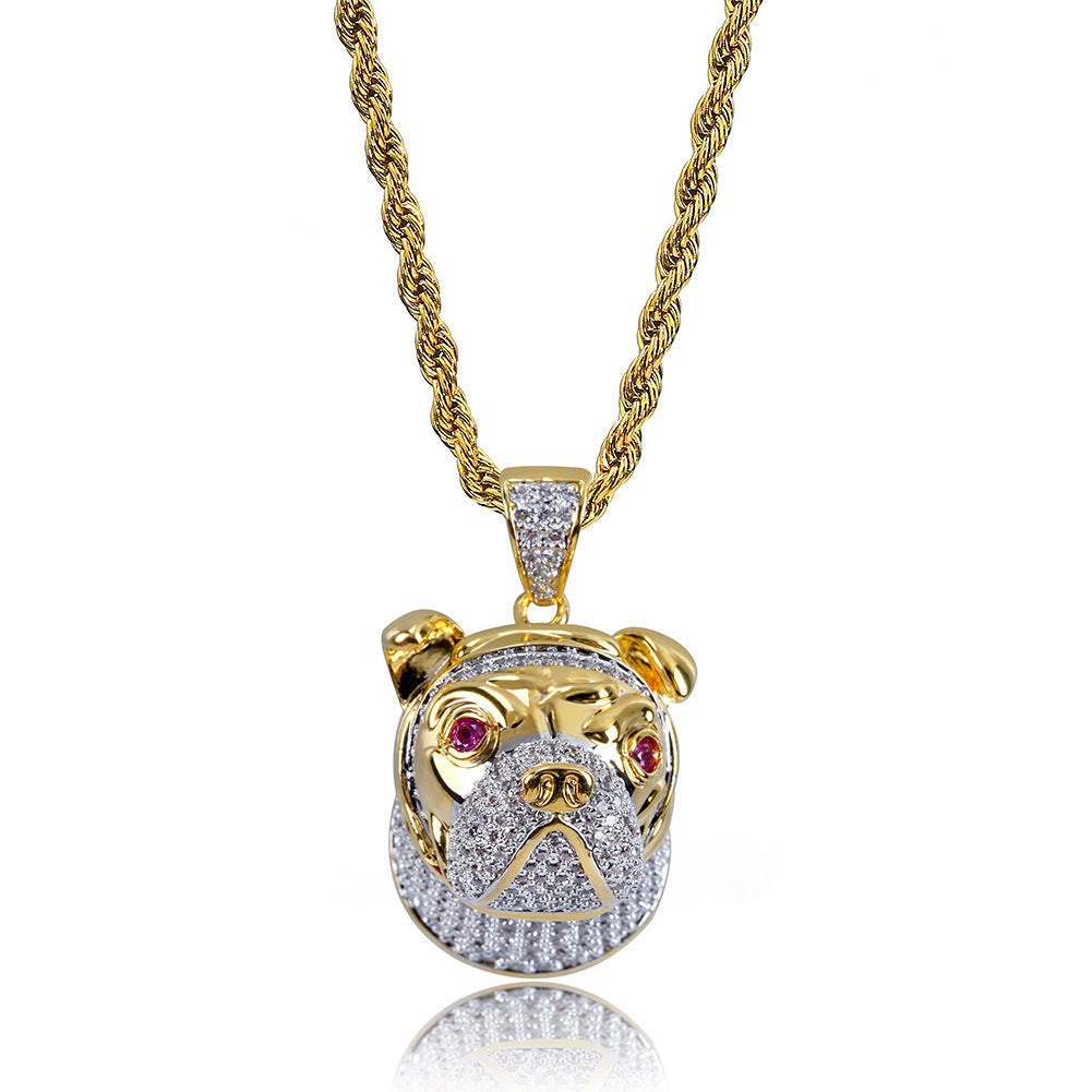 DatNewDrip iced out bulldog pendant in gold with pave crystals red gem eyes on twisted rope chain