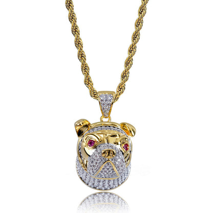 DatNewDrip iced out bulldog pendant in gold with pave crystals red gem eyes on twisted rope chain