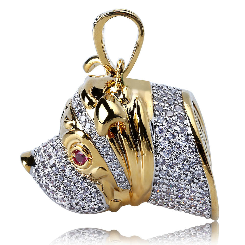 DatNewDrip gold iced out bulldog pendant with pave stones and red gemstone eye