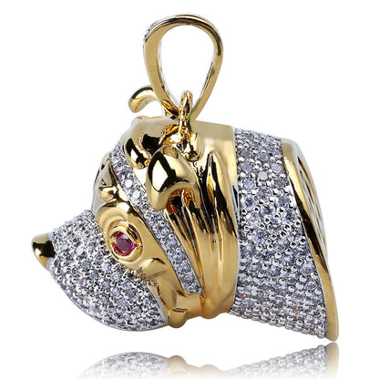 DatNewDrip gold iced out bulldog pendant with pave stones and red gemstone eye