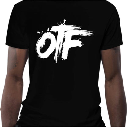 Men's black graphic streetwear t-shirt featuring bold OTF logo on the back