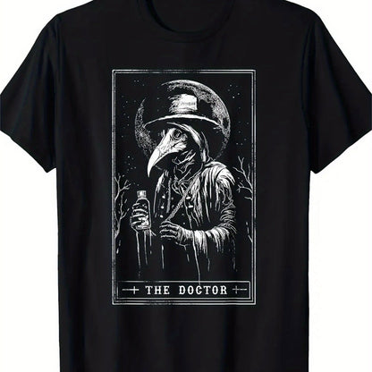 Black Graphic Streetwear T-Shirt featuring a vintage plague doctor design with intricate details