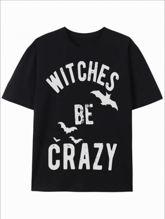 Black Graphic Streetwear T-shirt featuring 'Witches Be Crazy' design with bats