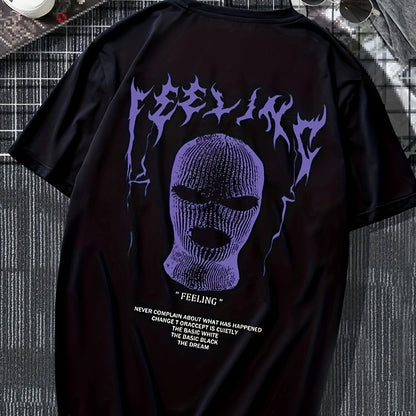 Graphic Streetwear T-shirt featuring bold purple design of a masked figure on a black background