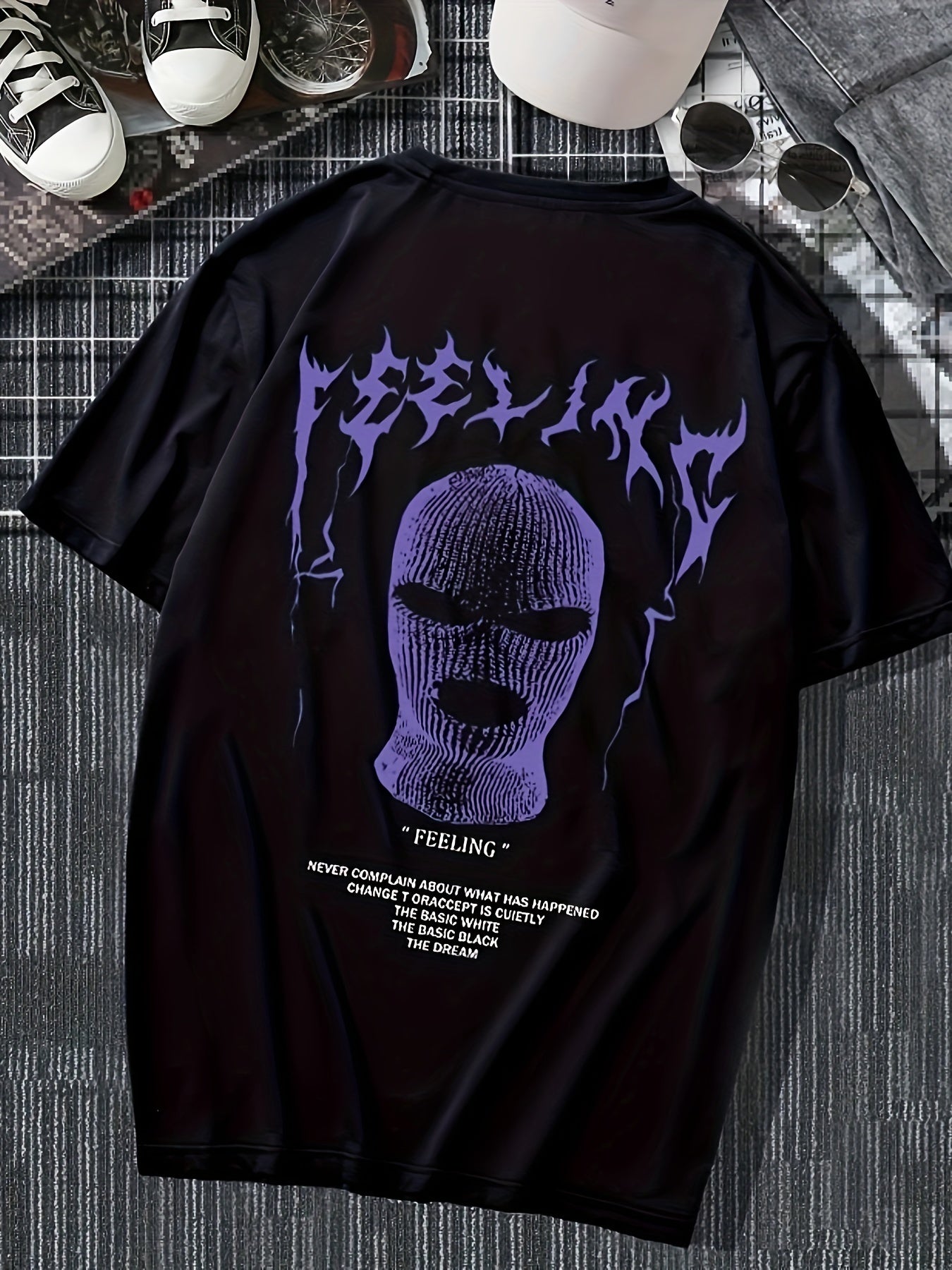 Black Graphic Streetwear T-shirt with Purple Print and Bold Text Design for Casual Wear