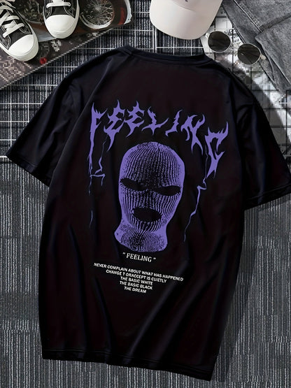 Black Graphic Streetwear T-shirt with Purple Print and Bold Text Design for Casual Wear
