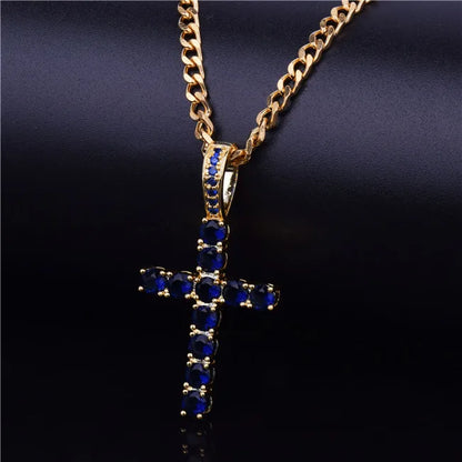Gold Hip Hop Cross Necklace adorned with Blue Stones for a Bold Fashion Statement