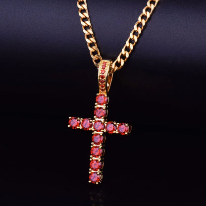 Gold Hip Hop Cross Necklace encrusted with red gemstones on a chain for stylish wear
