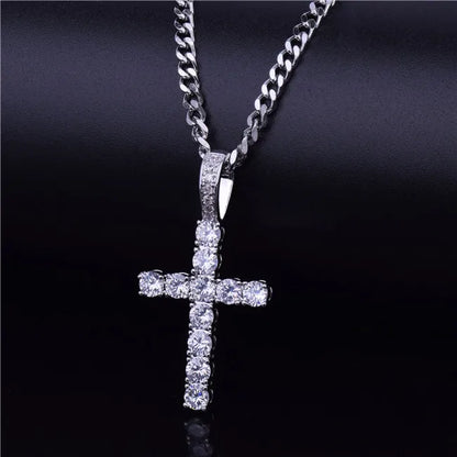 Shiny hip hop cross necklace with sparkling stones on a silver chain for stylish accessorizing