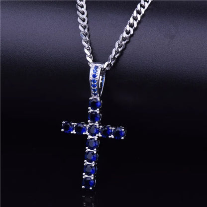 DATNEWDRIP hip hop cross necklace featuring a silver chain and blue gemstones for a stylish look