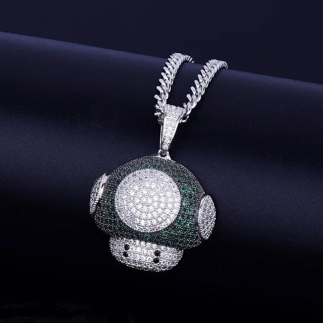 DATNEWDRIP hip hop mushroom pendant necklace with diamond detailing and silver chain for stylish accessorizing