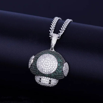 DATNEWDRIP hip hop mushroom pendant necklace with diamond detailing and silver chain for stylish accessorizing