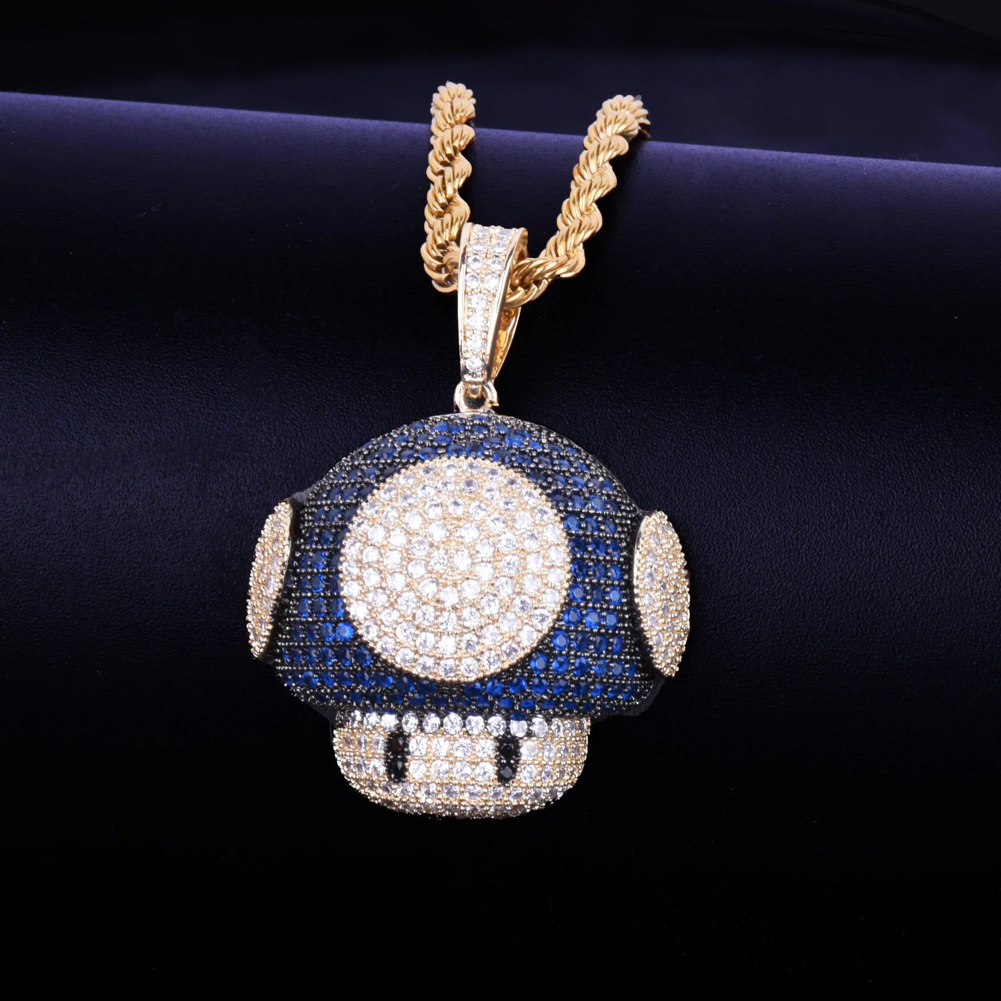 DATNEWDRIP hip hop mushroom pendant necklace with gold and blue diamond detailing