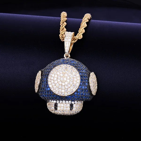 Sparkling hip hop mushroom pendant necklace with blue and white stones on a gold chain