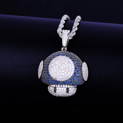 Stylish hip hop mushroom pendant necklace featuring intricate crystal detailing for a bold look