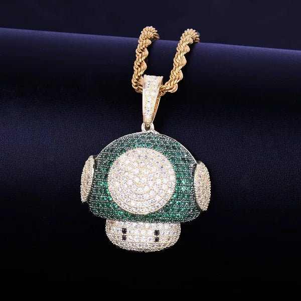 Shiny hip hop mushroom pendant necklace encrusted with gems for a trendy look