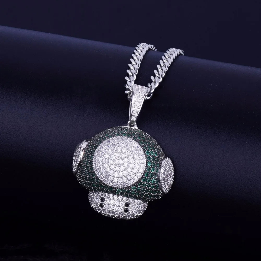 Sparkling hip hop mushroom pendant necklace with intricate design and shiny gemstones