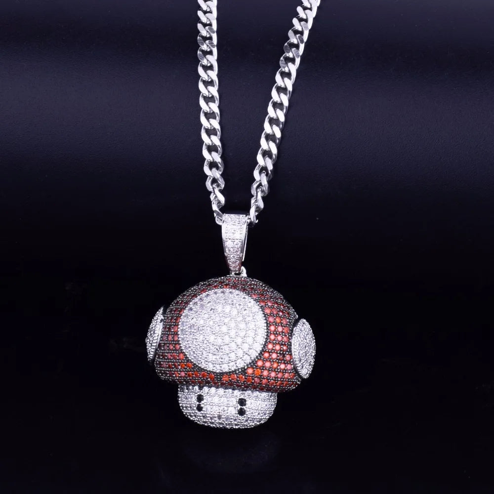 Shiny hip hop mushroom pendant necklace with intricate rhinestone detailing and a thick chain