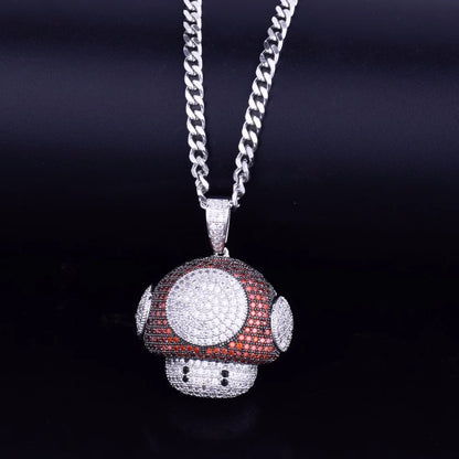 Shiny hip hop mushroom pendant necklace with intricate rhinestone detailing and a thick chain