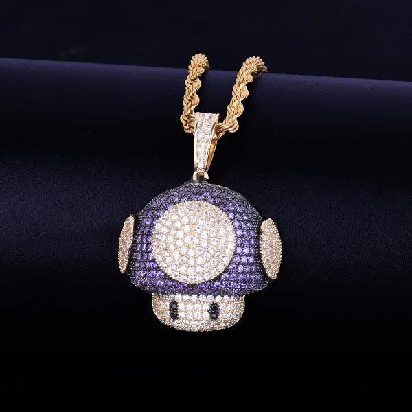 DATNEWDRIP hip hop mushroom pendant necklace with sparkling gems and a unique design