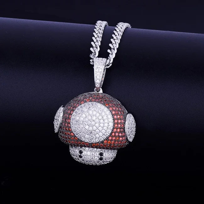 Shiny hip hop mushroom pendant necklace with colorful stone detailing, perfect for trendy streetwear