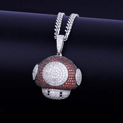 Shiny hip hop mushroom pendant necklace with colorful stone detailing, perfect for trendy streetwear