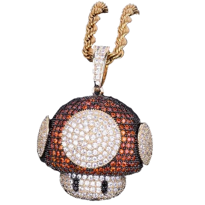 Hip hop mushroom pendant necklace with sparkling crystals and gold-toned chain for trendy fashion enthusiasts