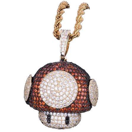 Hip hop mushroom pendant necklace with sparkling crystals and gold-toned chain for trendy fashion enthusiasts