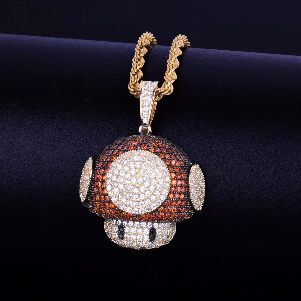 Glittering hip hop mushroom pendant necklace adorned with diamonds and gold chain
