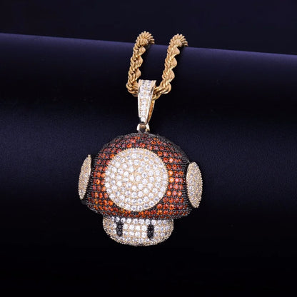Glittering hip hop mushroom pendant necklace adorned with diamonds and gold chain