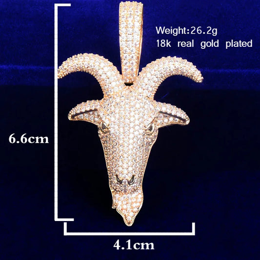 Hip hop sheep head pendant necklace with detailed design, 18k gold plated and sparkling stones