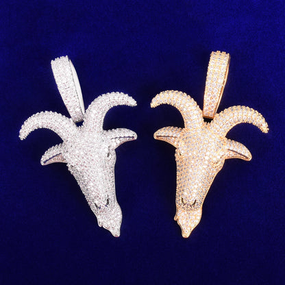 Hip hop sheep head pendant necklace in silver and gold with intricate detailing and sparkling stones