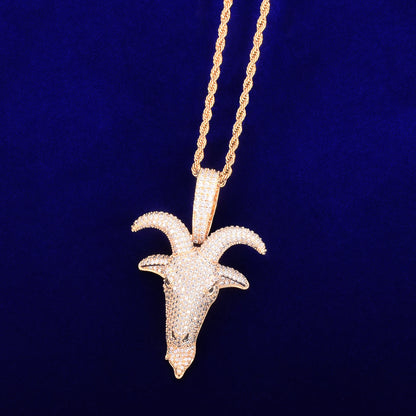 Gold hip hop sheep head pendant necklace adorned with sparkling gemstones on a twisted chain