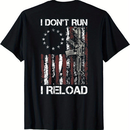 I Dont Run I Reload t-shirt featuring a distressed American flag and rifle graphic design