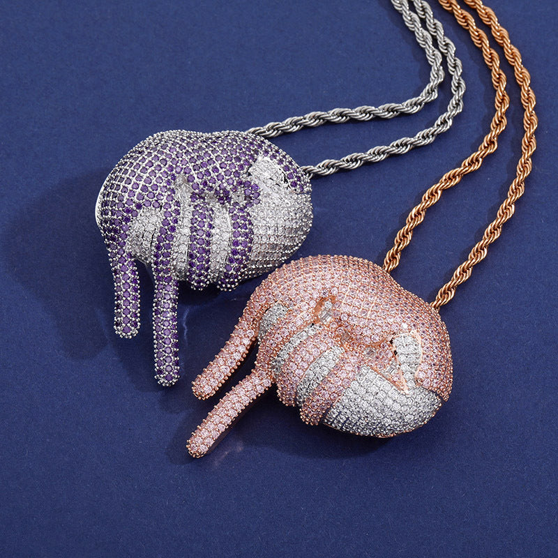 DatNewDrip iced out lips pendant duo in rose gold and silver with dripping pave stones on rope chains