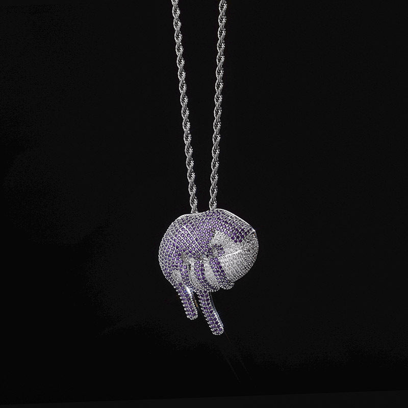 DatNewDrip iced out lips pendant in silver with purple and white stones on rope chain