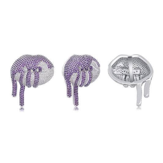 DatNewDrip iced out lips pendant purple and silver dripping lip charm with pave crystals shown front and back
