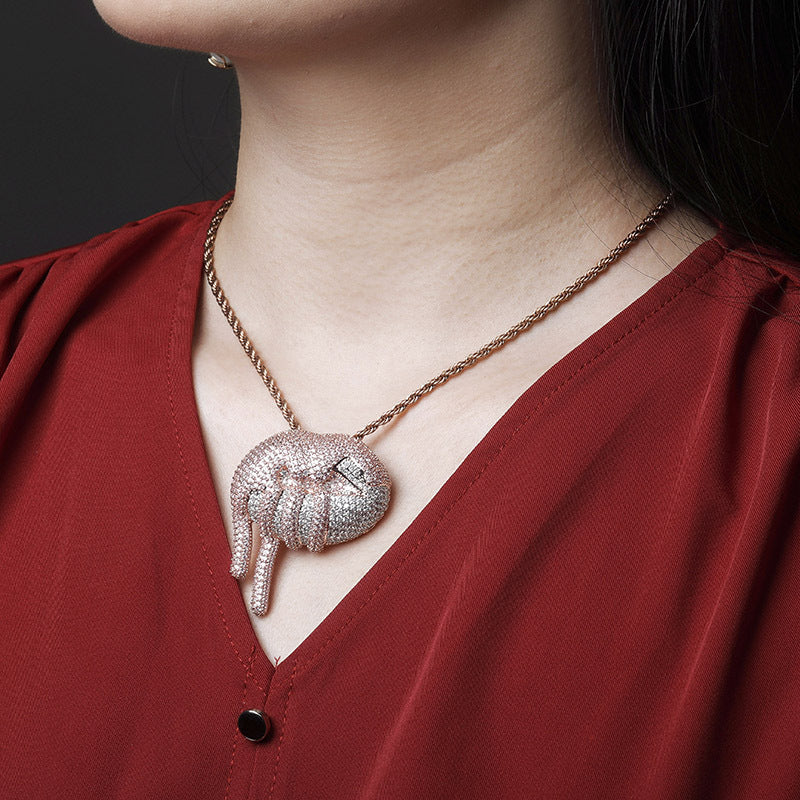 DatNewDrip iced out lips pendant rose gold crystal encrusted drippy lip necklace on model