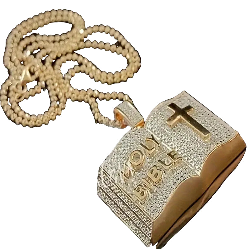 Gold iced out bible pendant with cross detail on a matching chain for stylish jewelry
